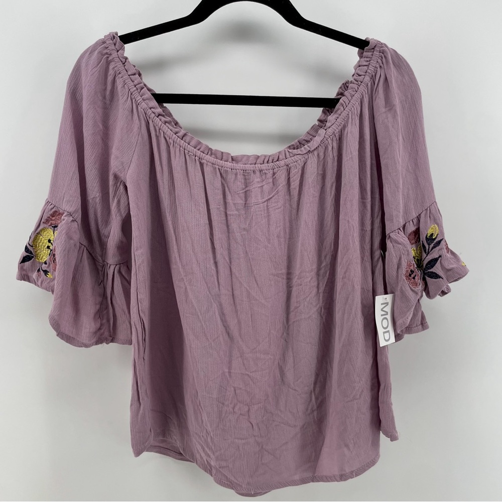 MOD Womens Off Shoulder Blouse Lavender Floral Embroidered M New